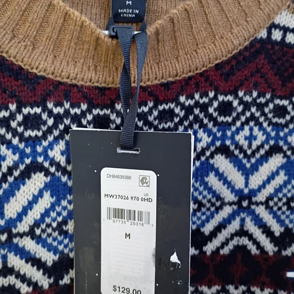 Tommy Hilfiger Men's Blue and Burgundy Patterned Crewneck Sweater